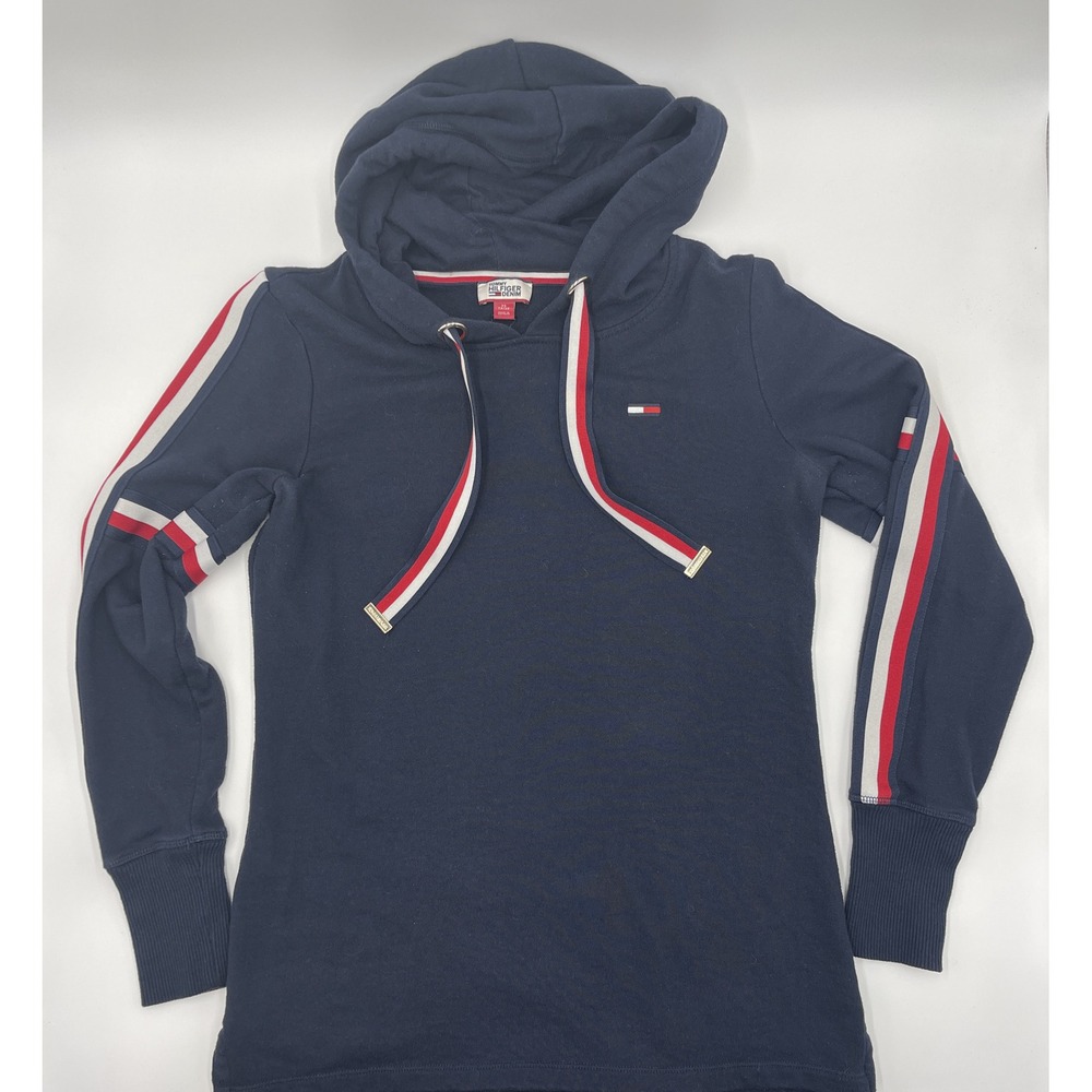 Tommy Hilfiger Denim Women's Hoodie‎ Sweatshirt Navy Blue Spellout Sz XS #C410